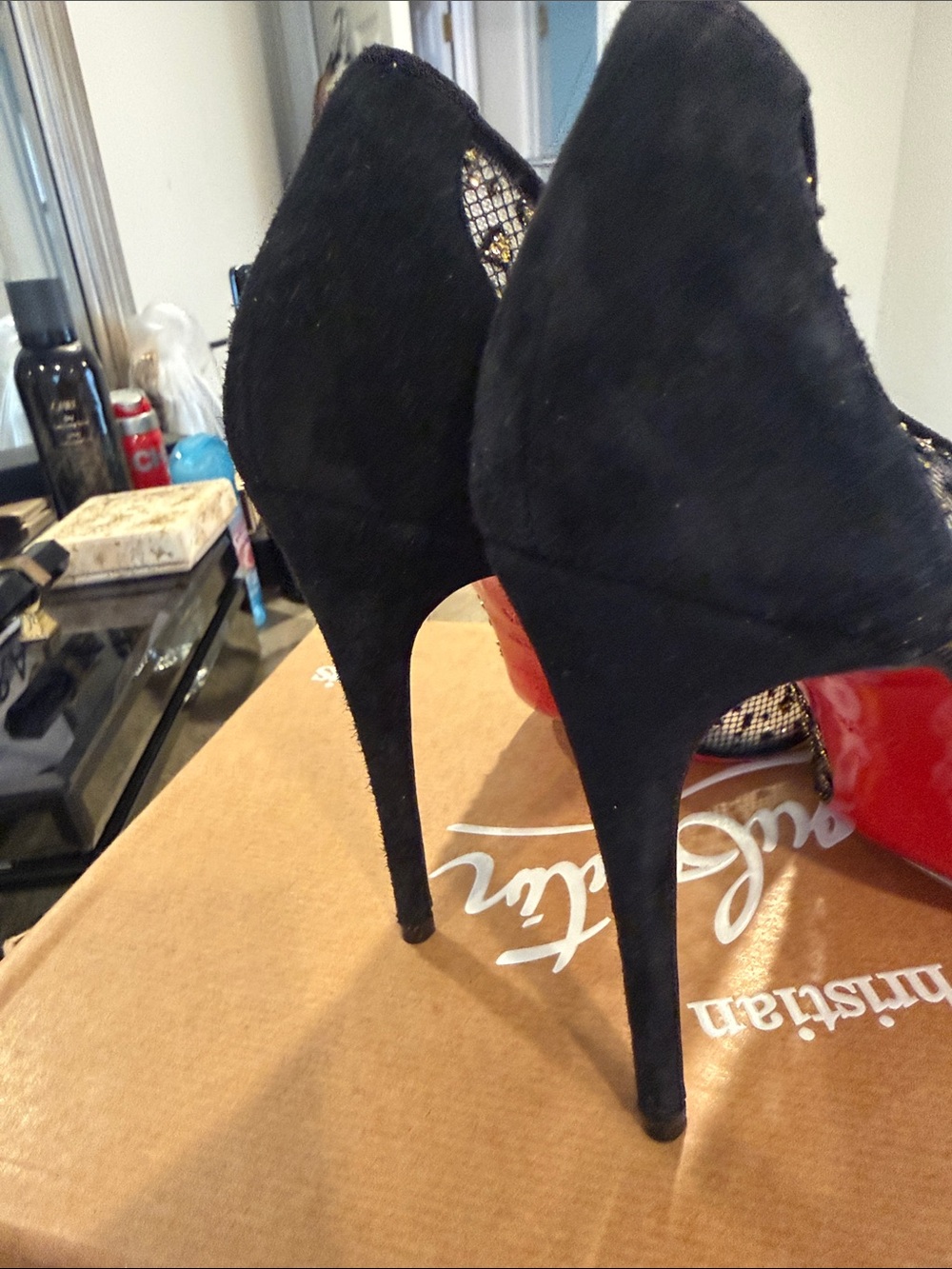 Christian Louboutin Black Mesh and Gold-Accented Pointed Pumps - Picture 3 of 8